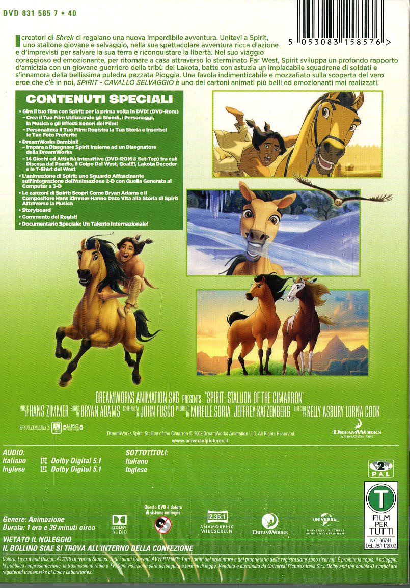 Retro copertina Blu-ray di Spirit – Cavallo Selvaggio con sinossi e dettagli tecnici