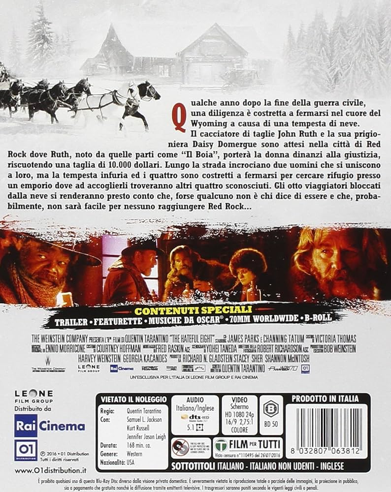 Retro copertina Blu-ray di The Hateful Eight con sinossi e dettagli tecnici
